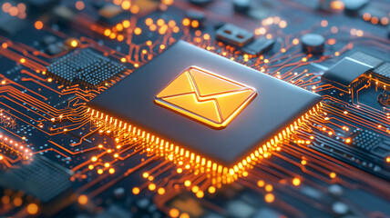 Glowing email icon on microchip with bright orange circuit lines, symbolizing digital communication and secure electronic messaging technology in futuristic style