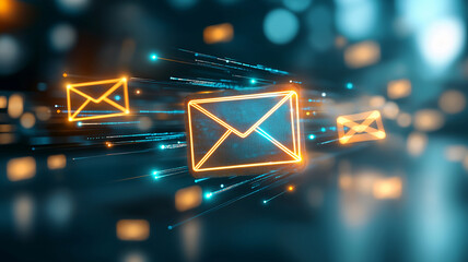 Digital glowing email icon with bright light trails representing fast communication and data transfer in technology network environment