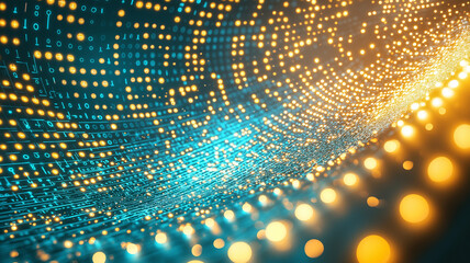 Glowing data grid with flowing binary code and illuminated digital particles creating dynamic futuristic technology background in blue and orange tones