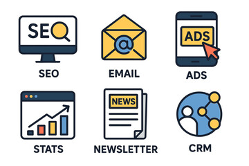Digital marketing tools: seo, email, ads, stats, newsletter, crm icons