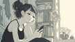 © 963k - レトロポップな配色が魅力のアニメ風イラスト、若い女性がスマートフォンを操作するリラックスした日常シーン、植物や本に囲まれたおしゃれな部屋で過ごす午後の雰囲気