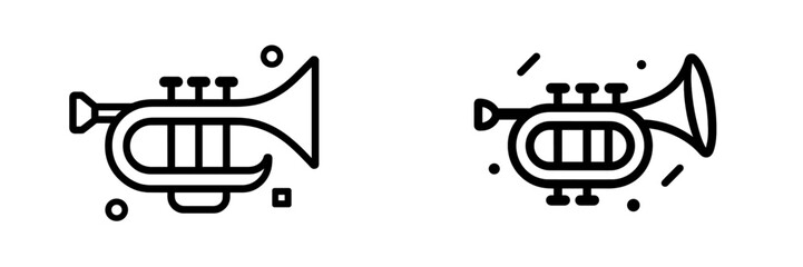 Set of two trumpet icons in a minimalist line art style representing brass musical instruments for jazz or classical orchestra themes