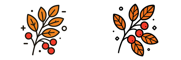 Set of two decorative autumn branch icons with orange leaves and red berries isolated on a white background, modern flat line style floral element for design