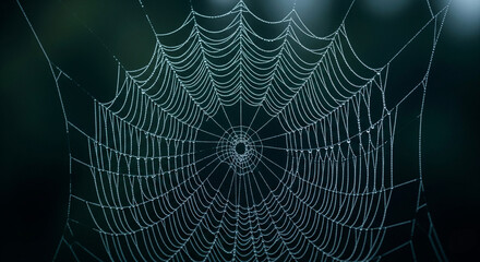 Elegant and Symmetrical Spider Web on a Dark, Dewy Background, Halloween