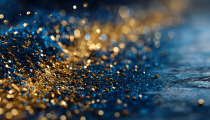 Wall Mural - Elegant abstract background with dark blue and gold articles, Christmas goldenlight bokeh on navy blue, old foil texture for holidy themes