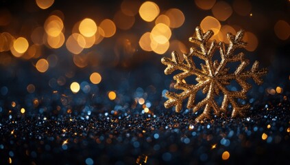 Sparkling golden snowflake on shimmering blue backdrop with festive bokeh lights during winter celebration