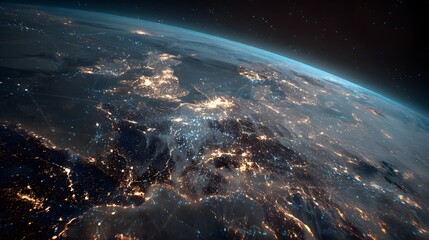 Wall Mural - earth from space view at night with city lights glowing world planet satellite astronomy perspective
