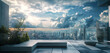 © Abdul - rooftop terrace with a simple concrete seat, offering a panoramic view of a futuristic city skyline under a dramatic cloudy sky.