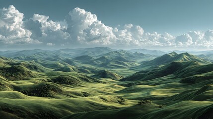 Wall Mural - expansive photorealistic landscape of immense, rolling hills covered in a velvety green carpet of gr