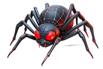 Close-up of a large black spider with glowing red eyes on a detailed intricate web