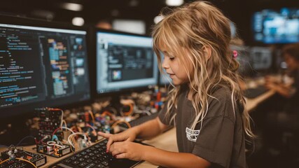 Young girl with messy blonde hair happily programs code on a computer, showcasing her technology skills, creativity, and future in IT.