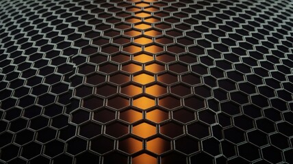 Abstract hexagonal grid pattern illuminated by a vibrant orange light source
