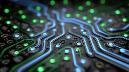 Illuminated Circuit Board Blue and Green Lines Technology Concept.