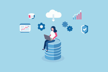 Woman working on laptop on database with cloud computing data analytics security and gears icons