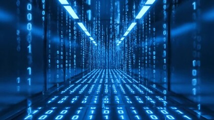 Wall Mural - Abstract digital corridor with binary code and blue data stream