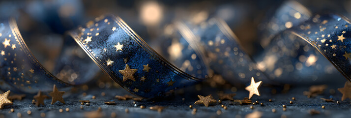 Wall Mural - Elegant golden stars and siny ribbons are beautifull arranged in a flat lay coposition, celebrating Chritmas and New Year with fesive flair against a dark bue background