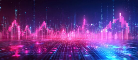 Wall Mural - Futuristic city skyline with glowing data streams and financial charts.