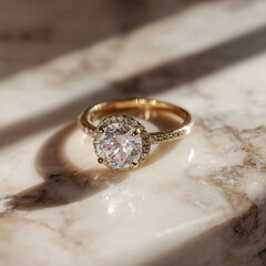 Wall Mural - Gold Ring with Diamond on Marble Surface