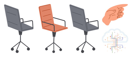 Rotating office chairs highlighted with a red option, a pointing hand indicating choice, and an AI-inspired brain. Ideal for recruitment, decision-making, innovation, technology, leadership, career
