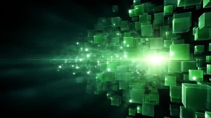 Wall Mural - Abstract green cubes erupting with light against a dark background