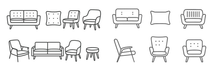 Furniture line icon set with sofa, armchair, and pillow symbols for interior design and home decor concepts