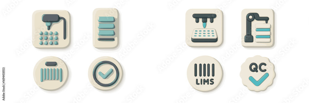 Laboratory automation and robotics icon set with symbols for quality ...