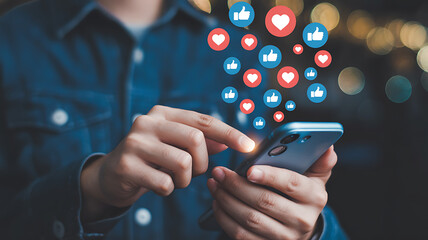 Person using smartphone with glowing social media icons emerging from screen
