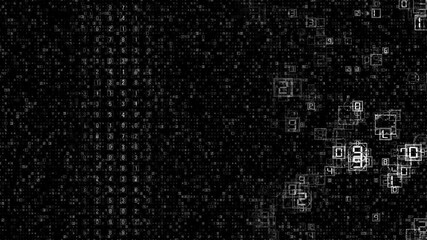 Digital matrix pattern of binary code with green light and stars on a black background