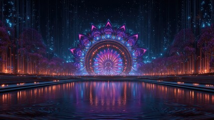Wall Mural - Psychedelic Virtual Reality Landscape with Vibrant Patterns and Colors