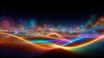 Wall Mural - Vivid Psychedelic VR Landscape with Holographic Light Patterns
