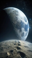 Wall Mural - A detailed image of the lunar surface with a glowing footprint in moon dust