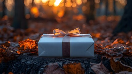 Wall Mural - a white gift box with a golden ribbon sits on a tree stump surrounded by autumn leaves bathed in war