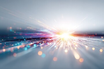 Wall Mural - Bright light explosion with colorful particles and beams radiating from a central point creating a dynamic visual effect