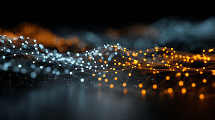 Abstract tech network data connections with orange, blue glowing dots, lines. Artificial intelligence neural network, machine learning, cloud computing concept. Digital transformation strat 26452374 1