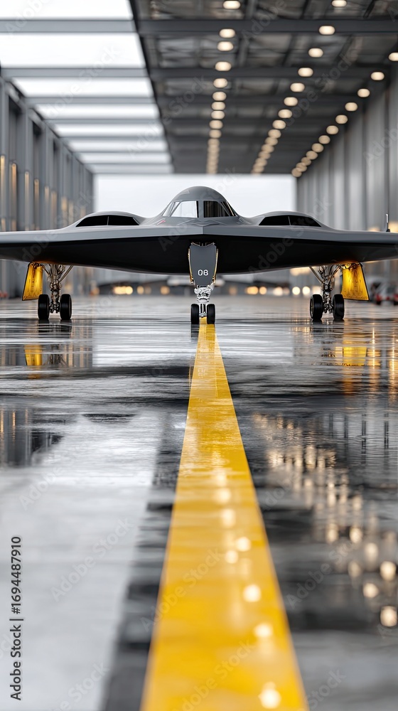 This 3D render showcases a sharp-edged stealth bomber with blue LEDs ...