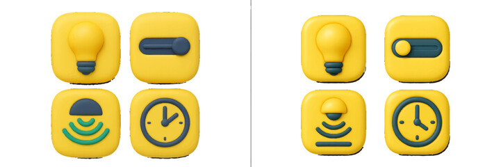 3D icon set for smart home user interface with lightbulb, switch, motion sensor, and clock symbols for web and mobile app design