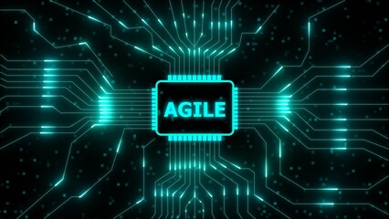 Glowing cyan circuit board lines and a central processor chip displaying the word A G I L E on a dark background with small glowing dots