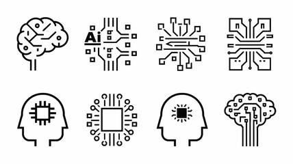 AI and human intelligence concept icon collection. Line art symbols of the brain, processors, and neural networks for technology design