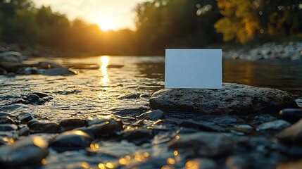 Wall Mural - a blank white card rests on a rock in a flowing river during a golden sunset reflecting the serene n