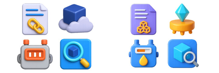 Set of modern technology symbols for digital data management, cloud computing, search, and analysis for web and app interface development
