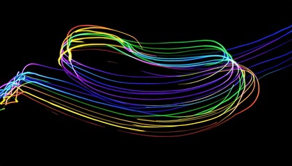 Wall Mural - vibrant neon light trails in abstract swirls glowing against black background, dynamic multicolored streaks, perfect for digital art, website backgrounds, or creative banners