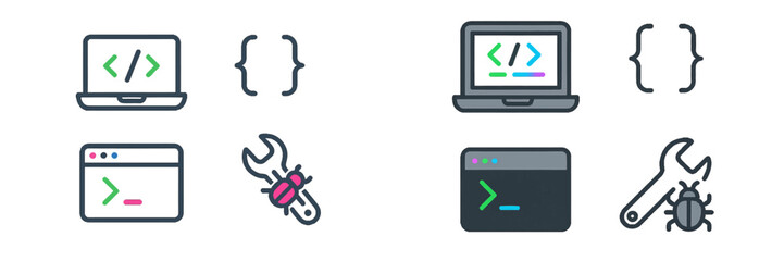 Set of programming and software development icons including laptop with code, terminal window, and debugging tools