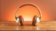 © TH - Sleek modern headphones on a minimalist wooden table with subtle LED lighting effects