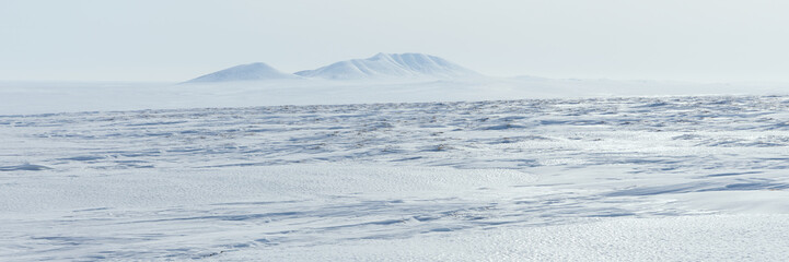 Wall Mural - Arctic landscape. View of the snow-covered tundra and snow-capped mountains. Cold weather. The harsh climate of the polar region. Nature of the Arctic. Wide panorama. Great for background.