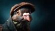 ©  Shomixer - A close-up of a charming pigeon dressed in a tweed cap and coat, showcasing its expressive eyes and unique personality, set against a moody, artistic background that adds depth.