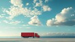© Khan - A red and white truck driving on a road with a blue sky and white clouds in the background.