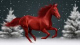 A red horse is running through the snow in front of a forest
