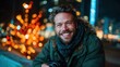 ©  Shomixer - A cheerful smile of a photographer holding a camera under bright lights, capturing the festive atmosphere of a snowy evening filled with holiday spirit and joy.