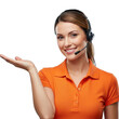 © Tawhidbd - Smiling woman wearing headset and orange polo shirt presenting with open hand isolated on transparent background