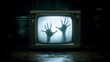 © alexandra_pp - Creepy digital illustration of a vintage television in a dark room, with glowing screen showing eerie shadow hands pressing from inside, evoking horror and suspense themes.
